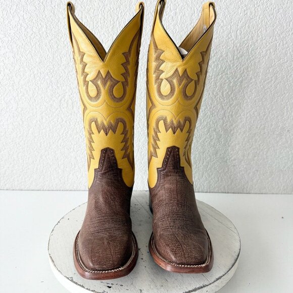 Rod Patrick Mens Cowboy Boots 8AA Brown Kangaroo Yellow Top Western Square Toe - Picture 6 of 13